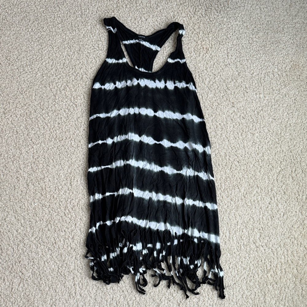 Raviya Black and White Tie-Dye Coverup with Fringe
